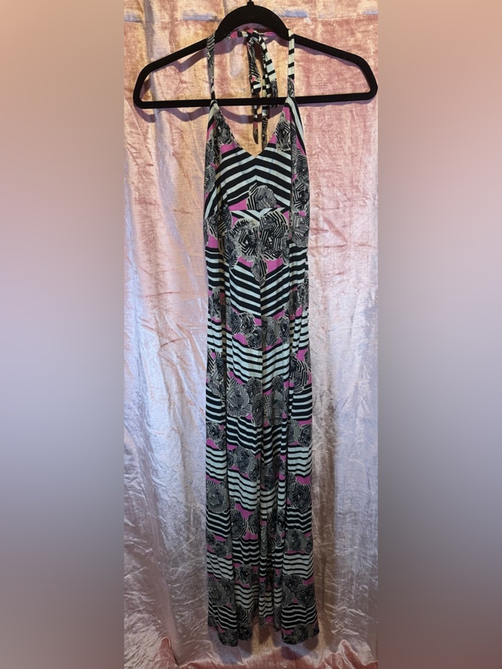 Xhilaration Black, White & Pink Striped Halter Maxi Dress